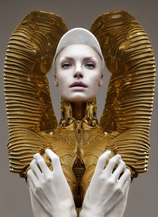 Image similar to a statue made of white marble with gold veins, of an beautiful gorgeous futuristic cybernetic angel athletic girl, prostheses, transhumanism, full body shot, perfect symmetrical body, perfect symmetrical face, hyper realistic, hyper detailed, by johannen voss, by peter kemp, by monia merlo, by michelangelo, octane render, blender, 8 k