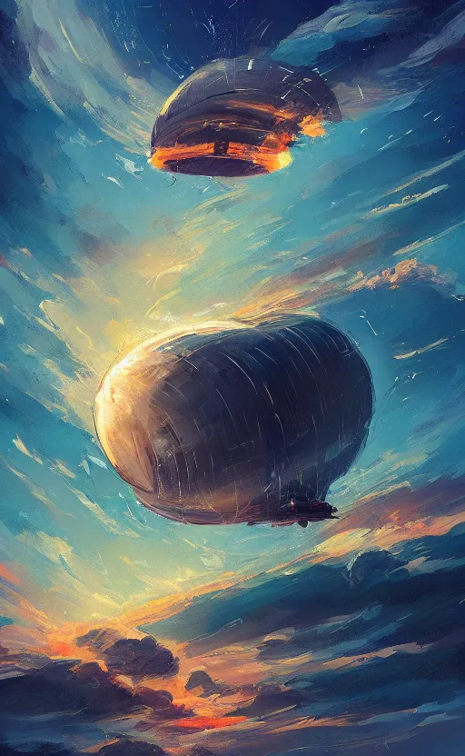 Image similar to a beautiful illustration of an airship burning in the sky at night, art of alena aenami, featured on artstation, vertical orientation, paint brush strokes, expressionism, brushstroke - laden, breathtaking clouds, birds, ocean, beautiful stars, long exposure, big moon radius, airy midnight theme, blue purple gradient, lens flare, flames and ember