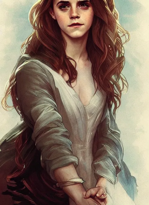 Image similar to emma watson as hermione. beautiful detailed face. by artgerm and greg rutkowski and alphonse mucha