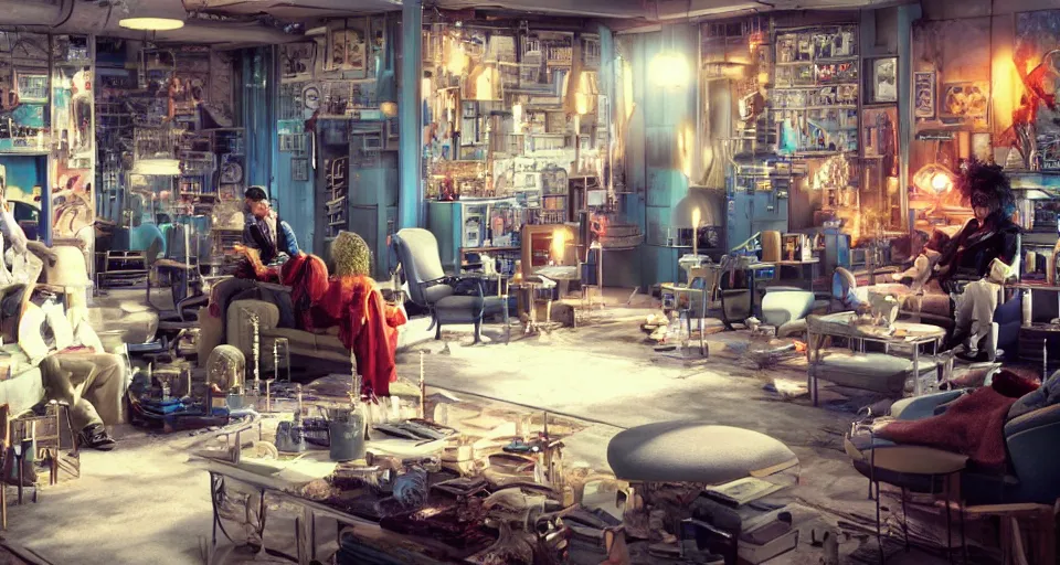 Prompt: impressive small cinematography scene featuring bio - punk aesthetic furniture. close shot of characters discussing an important topic. film still from the new live - action adventure movie. special effects from the studios called industrial light & magi, imageworks, rhythm & hues, weta, blur studio, blue sky studios, sony pictures.