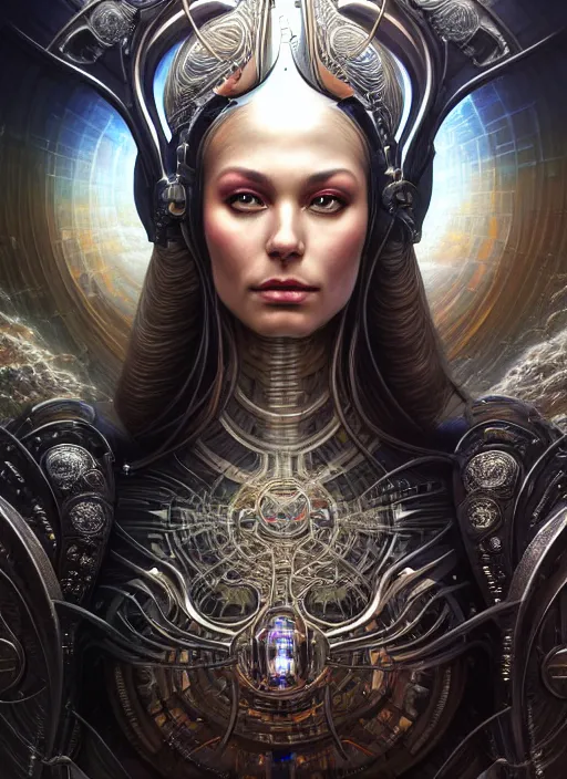 Image similar to closeup portrait shot of beautiful queen on cybertronic throne praying in a scenic dystopian environment, intricate, elegant, highly detailed, centered, digital painting, artstation, concept art, smooth, sharp focus, illustration, artgerm, tomasz alen kopera, peter mohrbacher, donato giancola, joseph christian leyendecker, wlop, boris vallejo