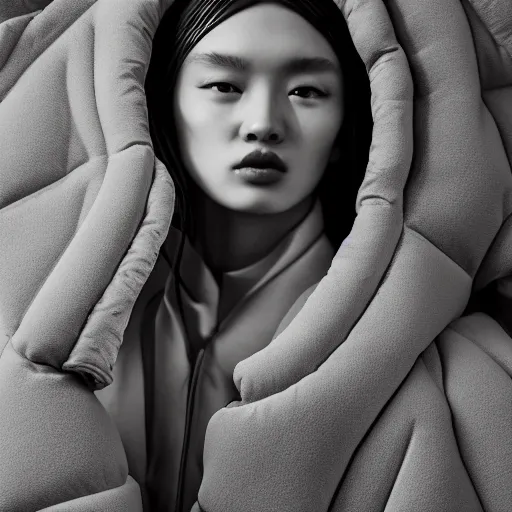 Image similar to well lit fashion shoot portrait of extremely beautiful female marble statue wearing huge over size puffer jacket by dingyun zhang, yeezy, balenciaga, vetements, a cold wall, sharp focus, clear, detailed,, cinematic, detailed, off white, glamourous, symmetrical, vogue, editorial, fashion, magazine shoot, glossy