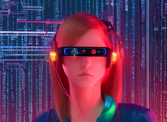 Prompt: illustrated by moebius, portrait of young cyber hacker girl with glowing red yellow wires hair wears science fiction metal virtual reality glasses. cyberspace augmented reality, futuristic vision. 3 d render on dark blue backdrop, octane render, 8 k, super detailed