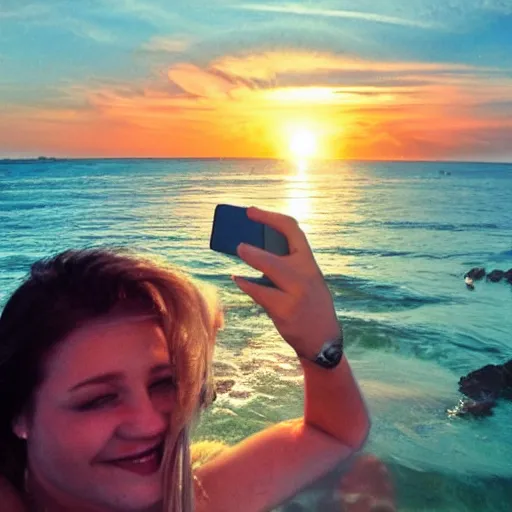 Prompt: Cthulhu photobombing a romantic selfie on a beach sunset