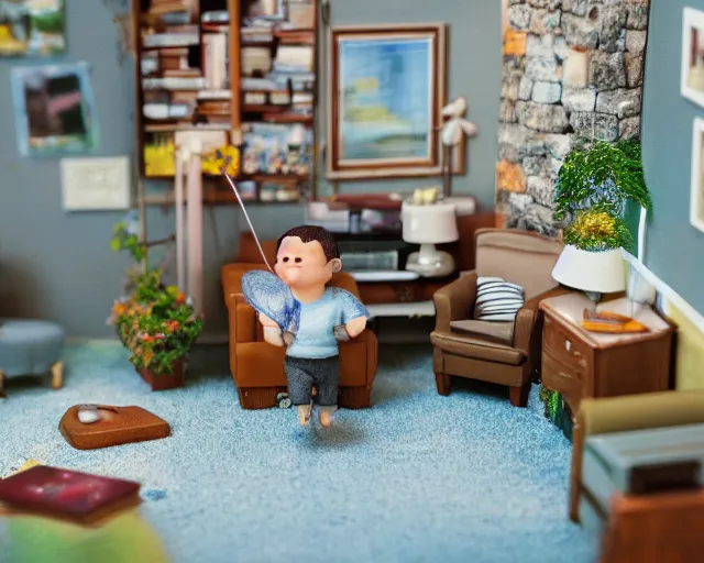 Image similar to giant baby in a small fairy living room tilt shift