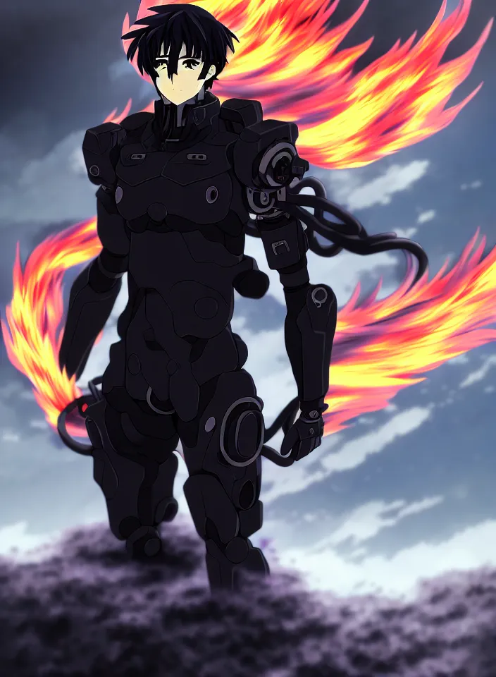 Prompt: a detailed anime character full body portrait of a dark haired cyborg handsome anime man surrounded by clouds of dark smoke and fire, trending on artstation, digital art, 4 k resolution, detailed, high quality, sharp focus, hq artwork, insane detail, concept art, character concept, character illustration, full body illustration, perfect anatomy, cinematic, volumetric lighting