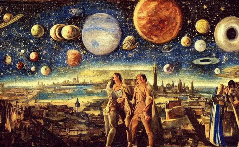 Image similar to scene from cosmologica a scifi movie by luchino visconti with mastroianni leaving the medieval cosmos to enter new universe. venice in the background. blue sky with a lot of stars and planets. cinematic, technicolor, photorealistic, direct lighting, highly intricate, extremely realistic in the style of ( ( ( renaissance cosmological painting ) ) ).