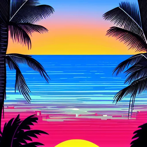 Prompt: gorgeous romantic sunset, cliffside onlooking the beautiful city of miami, warm colors, tropical, in the style of hiroshi nagai, very detailed, tropical, 8 0 s