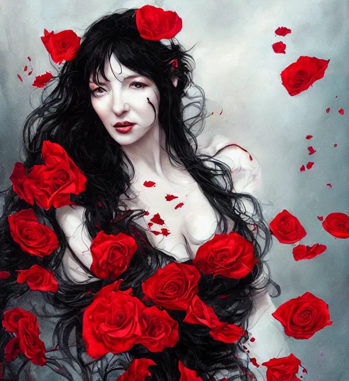 Prompt: portrait of kate bush, lush black hair, pale skin, red rose petals, flowing material, ruffled velvet background, intricate, beautiful cinematic lighting, stuning painting by artgerm and ruan jia and android jones