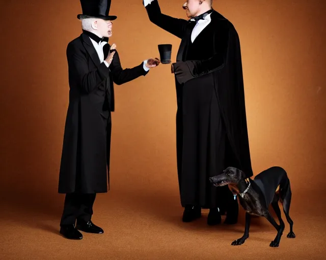 Image similar to greyhound wearing a black cloak and a top hat, under a spotlight, magician dog performing on stage, dapper greyhound