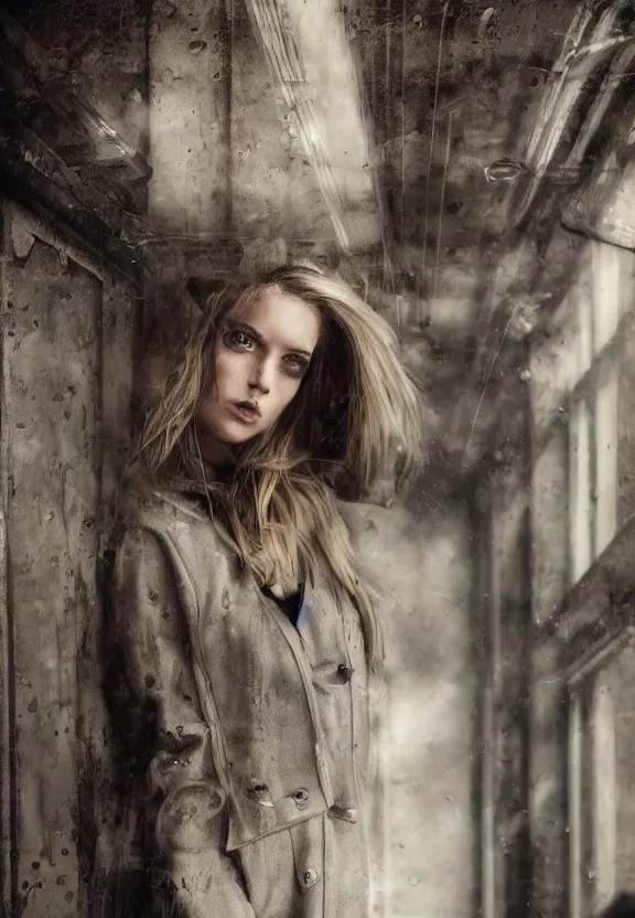 Image similar to cute model annie leonhart posing in dunwall city building roof, beautiful face, detailed face, realistic eyes, cinematic lighting, rainy weather, melancholy atmosphere, volumetric light, gothic architecture, realistic reflections, model agency, instagram photo, depression atmosphere, shot on sony camera, beauty filter, postprocessing