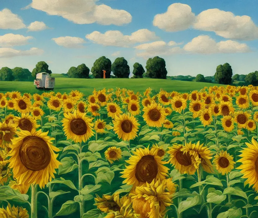 Image similar to a very detailed painting of a sunflower field, baby blue sky with very aesthetic stylized clouds, there is an ad billboard on the field, cows are on the field, an ufo is in the air, the ufo beams up a cow with a green light beam, in the style of edward hopper and hugo pondz, very fine brushstrokes, 4 k,