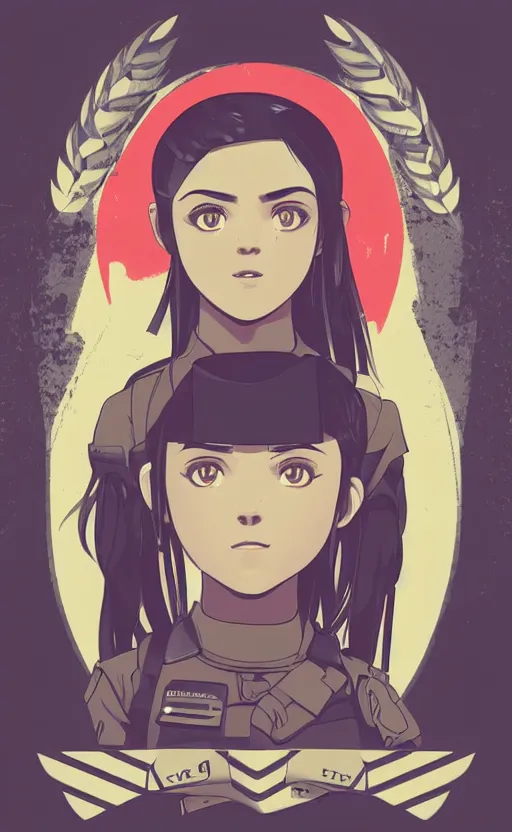 Image similar to T-shirt design, portrait of soldier girl, 2022 anime style, clean logo, graphic templates, flight squadron insignia, vintage saturation, soldier clothing, realistic military gear, inspired by shirt designer, made in blender, round background, vector line art, by ilya kuvshinov, trending on teemill, symbology, realistic human anatomy, high resolution, matte, empty hands, realistic military carrier