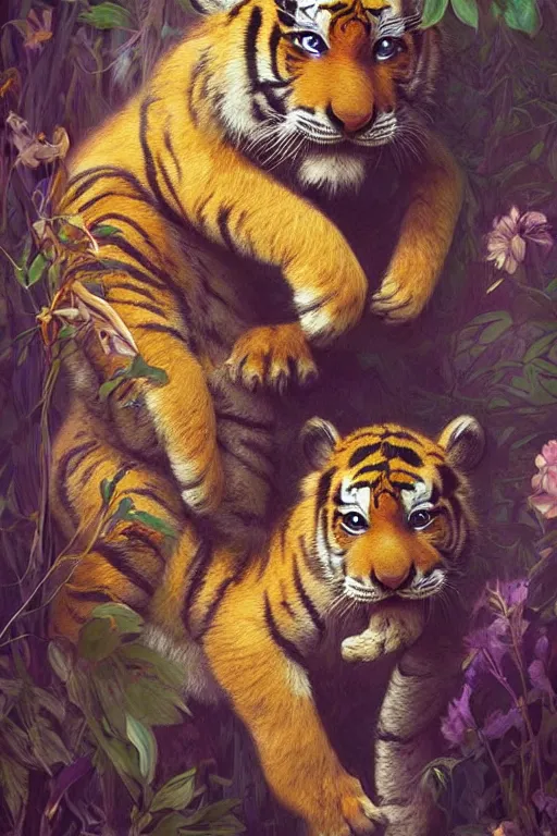 Image similar to beautiful cottagecore tiger puppy holding a little monkey, psychedelic Hair, magical forest, intricate, elegant, highly detailed, digital painting, artstation, concept art, smooth, sharp, focus, illustration, art by artgerm and greg rutkowski and alphonse mucha