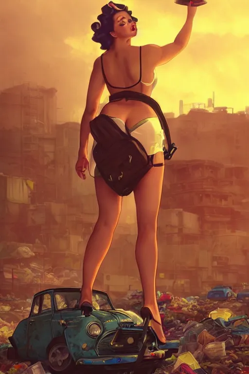 Image similar to pinup in mini short with backpack looking at food at garbage dump, destroyed cars, city is pure wasteland, moody sunset background, rays of sunlights, ( ( ( rainbow ) ) ), high details, sharp, photorealism, cinematic, greg rutkowski, alphonse mucha, trending on artstation, artgerm, unreal engine, highly detailed