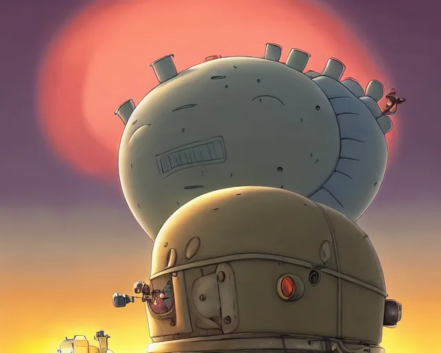 Prompt: a cell shaded cartoon giant grey lovecraftian mechanized caterpillar from howl's moving castle ( 2 0 0 4 ), with a big head, on a desert road, wide shot, sunset, golden hour, muted colors, post grunge, josan gonzales, wlop, by james jean, victor ngai, hq, deviantart, art by artgem