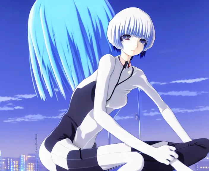 Image similar to anime art, fullbody shot of female rei ayanami, evangelion, long blue hair and large eyes, finely detailed perfect face, in a pale skintight plugsuit, sitting on rooftop, flooded city, trending on pixiv fanbox, by ilya kuvshinov, sola digital arts,, raytracing