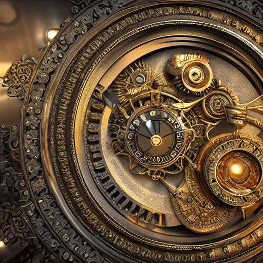 Prompt: Ultra-detailed cinematic render, of a fantasy steampunk time machine, intricate clock gears, octane render, high quality, ornate gems, 8k, by greg rutkowsky, volumetric lighting