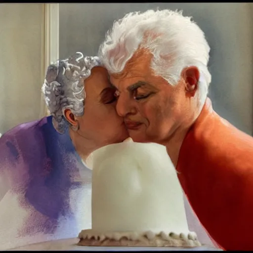 Prompt: a very funny fellini cinematic style. of a sweet fat old woman kissing her reflection. symmetrical face, red mouth, blue eyes. a flowered dress. a hyper - realistic scene. 3 d, octane processing, deep focus, white scene. a very funny and sweet picture. unreal engine. watercolor. freud painting style