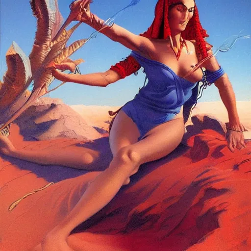 Prompt: Silk sheet desert ecstasy Bedouin under crimson azure diamond sky, in the style of Frank Frazetta, Jeff Easley, Caravaggio, extremely clear faces coherent, clear lines, 8K revolution