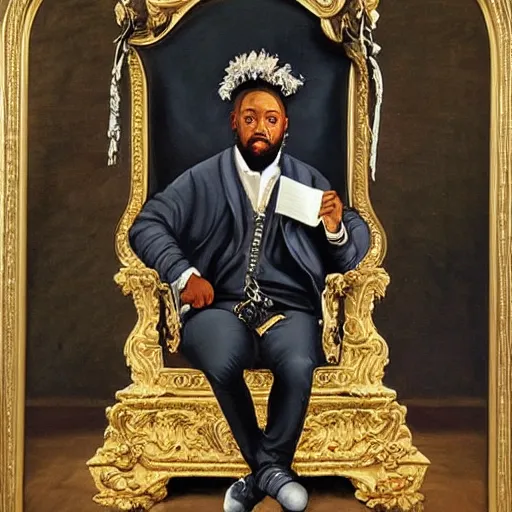 Prompt: Baroque portrait painting of coach Tomlin sitting on a throne as the Emperor of the NFL