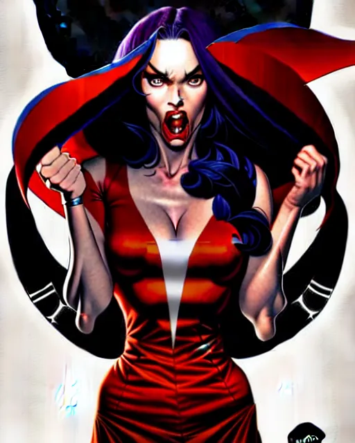 Image similar to artgerm, joshua middleton comic cover art, full body pretty megan fox vampire sharp teeth, red dress, symmetrical eyes, symmetrical face, long curly black hair, dark castle background background, cinematic lighting