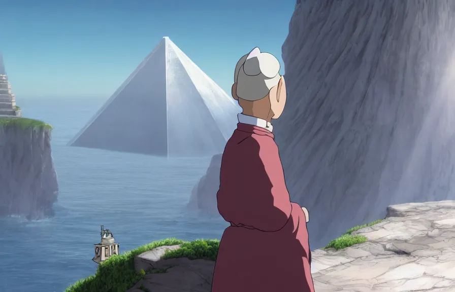 Prompt: a realistic cell - shaded cartoon of a monk in a grey robe from howl's moving castle ( 2 0 0 4 ). in the background is a white pristine pyramid in the ocean. shafts of sunlight come from above. wide shot, very dull muted colors, hd, 4 k, hq