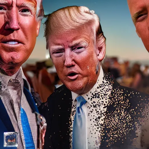 Image similar to a very very detailed photo of Joe Biden attending Burning Man on the Playa with Donald Trump both covered in body glitter, very very detailed, photorealism, Photoshop, very coherent, HD