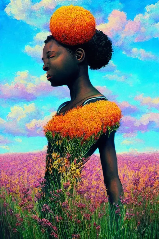 Image similar to closeup, giant flower as head, african woman in heather field, surreal photography, golden hour, colorful clouds, impressionist painting, digital painting, artstation, simon stalenhag
