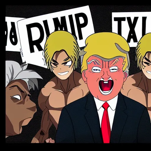 Prompt: anime donald trump sitting in prison and laughing with a gang of muscular prisoners