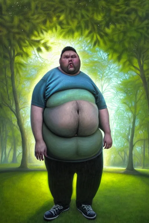 Image similar to hyperrealistic mixed media painting of an overweight man, full body, in a green park, stunning 3d render inspired art by P. Craig Russell and Barry Windsor-Smith + perfect facial symmetry + dim volumetric lighting, 8k octane beautifully detailed render, post-processing, extremely hyperdetailed, intricate, epic composition, grim yet sparkling atmosphere, cinematic lighting + masterpiece, trending on artstation, very very detailed, masterpiece, stunning
