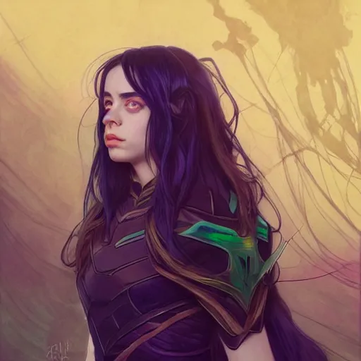 Image similar to Billie Eilish as Female Loki, very detailed, digital art, trending on artstation, concept art, smooth, illustration, art by artgerm and greg rutkowski and alphonse mucha and J. C. Leyendecker and Edmund Blair Leighton and Katsuhiro Otomo and Geof Darrow and Phil hale and Ashley wood