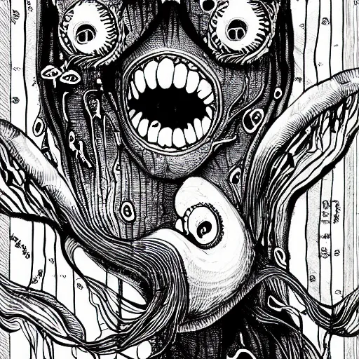 Image similar to black and white illustration creative design, fish, junji ito, body horror