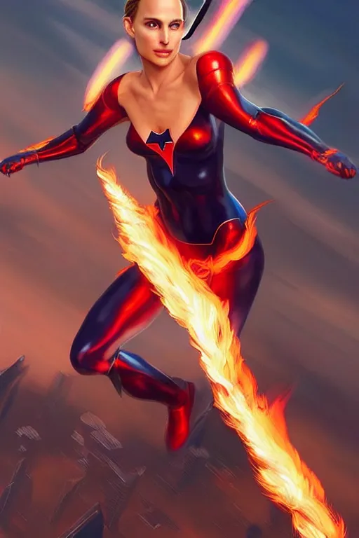 Image similar to hyper - realistic, gorgeous!!! woman resembling natalie portman as a superhero with fire powers, flying over a city | intricate, highly detailed, digital painting, artstaion, smooth, sharp focus, character desgin, concept art, illustration | art by artgerm & jeehyung lee & wlop