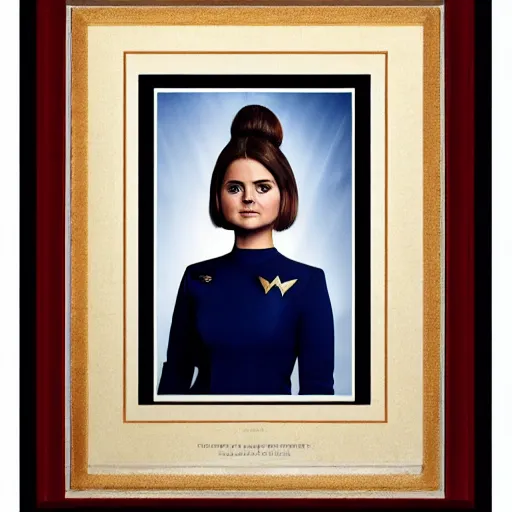 Image similar to a beautiful full body photograph of younger jenna louise coleman as a star fleet officer from star trek next generation, full dress uniform, symmetrical face, extreme realism and detail, 8 k, completely framed, direct lighting, 3 5 mm photo, photorealistic, sharp focus