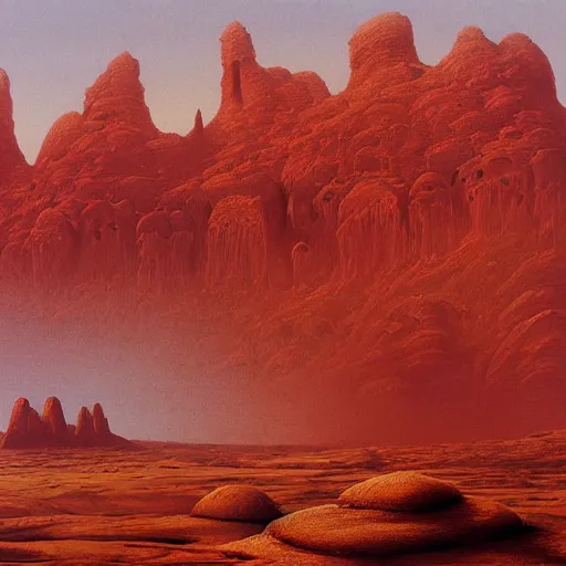 Prompt: only red colour, alien landscape filled with succulents, filigree ornaments, wadi rum, jordan, volumetric lights, beksinski