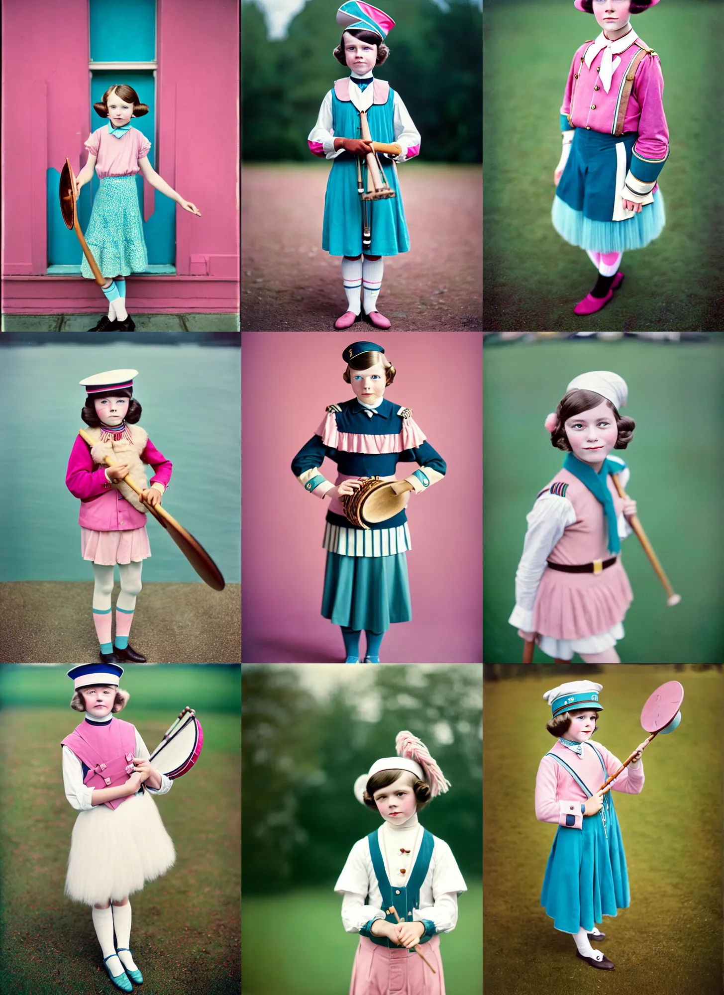 Prompt: kodak portra 4 0 0, 8 k, highly detailed, britt marling style, 3 / 4 photographic close, press award winning colour portrait of a cute handsome 8 year old sailor girl is playing marching drum, muted colours, pink, turquoise, up face with 1 9 2 0 s hairstyle, 1 9 2 0 s style, asymmetrical, hasselblad