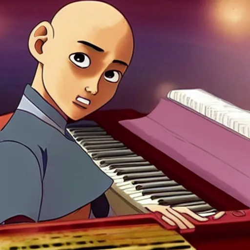 Image similar to Aang from Avatar the last airbender playing the piano