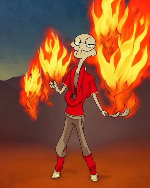 Prompt: squidward wearing fire nation clothing and practicing firebending outside at susnset [ photorealistic ]