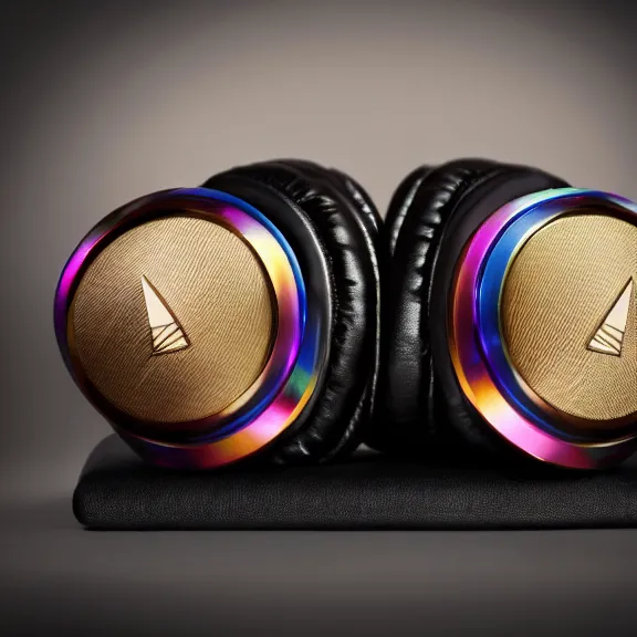 Image similar to masterpiece photo of beautiful crafted artistic bismuth metal headphones, bismuth rainbow metal, bismuth cups, leather padding, displayed on mahogany desk, modernist headphones, bismuth headphones beautiful well designed, hyperrealistic, audiophile, intricate hyper detail, extreme high quality, photographic, audeze, sennheiser, hifiman, artstation, abyssal audio