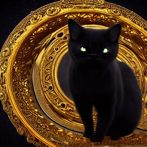 Image similar to a full-body shot of a black void cat with golden glowing eyes, fairytale, beautiful, intricate, elegant, ornate, super detailed, Octane render, reflections