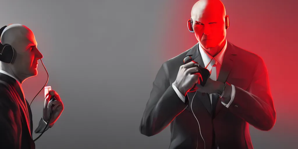 Image similar to agent 4 7 from hitman wearing headphones with wires everywhere listening to music, dark background, red rim light, smooth, sharp focus, art by ali kiani amin