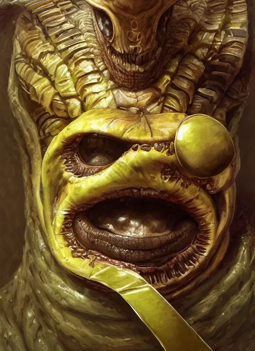 Image similar to banana mf doom reptile eyes, banana peel skin. intricate, elegant, highly detailed, centered, digital painting, artstation, concept art, smooth, sharp focus, illustration, artgerm, tomasz alen kopera, peter mohrbacher, donato giancola, joseph christian leyendecker, wlop, frank frazetta