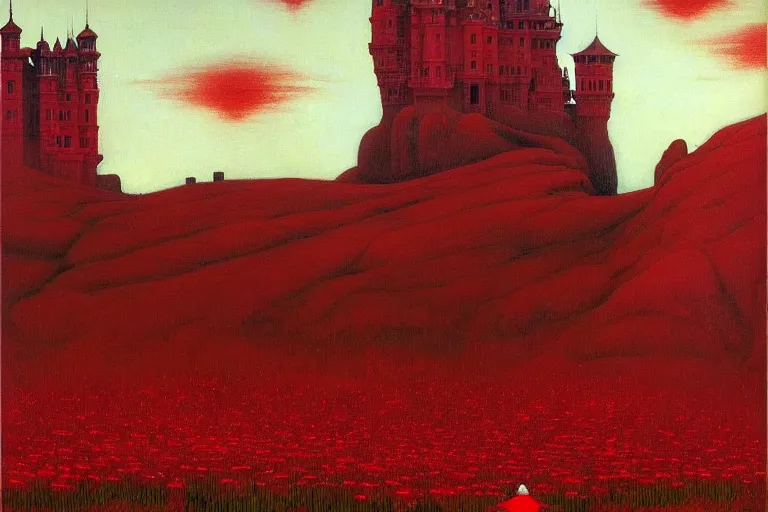 Image similar to only with red, red flowers of different types, red castle in background, red medieval goblins, in the style of beksinski, parts by edward hopper, parts by rodcenko, parts by yue minjun, intricate and epic composition, red by caravaggio, insanely quality, highly detailed, masterpiece, red light, artstation, 4 k