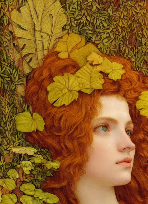 Image similar to masterpiece beautiful seductive flowing curves preraphaelite face portrait amongst leaves, extreme close up shot, straight bangs, thick set features, yellow ochre ornate medieval dress, laying amongst foliage mushroom forest circle arch, frederic leighton and kilian eng and rosetti and preraphaelites, william morris, 4 k