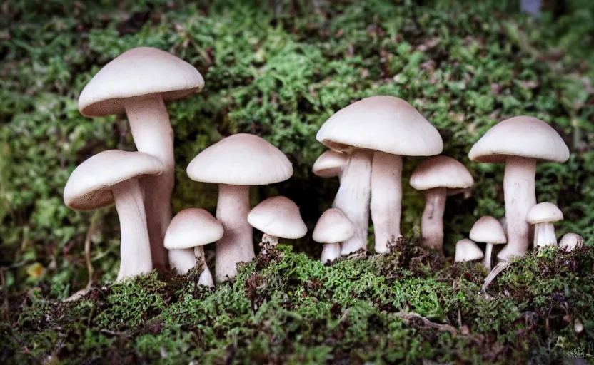 Prompt: a photography from afar of a creepy mushroom family, terrifying, photorealistic, 2 4 mm