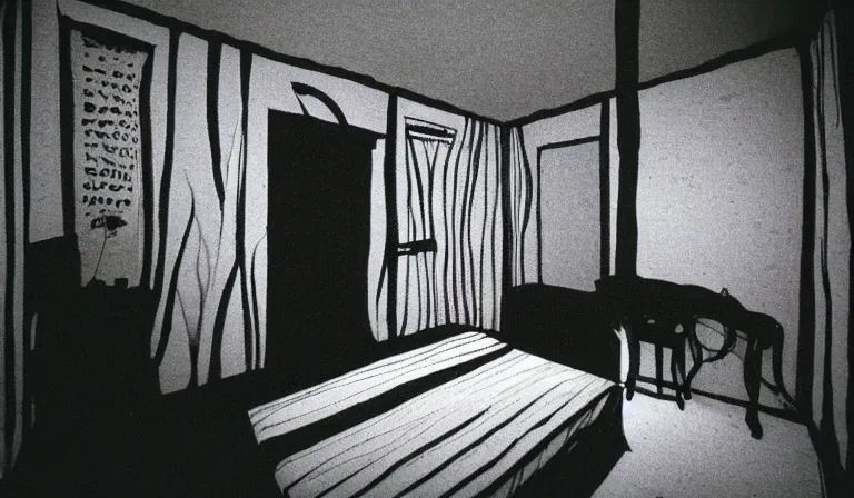 Image similar to A bedroom designed by Junji Ito, 35mm film, long shot