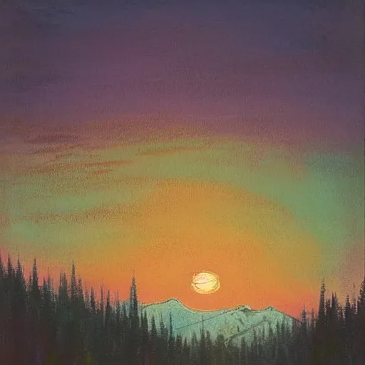 Image similar to beautiful vintage painting, whistler mountain sunset, boho, midcentury, modern, muted pastel colors, top lit, detailed, beautiful solid colors, edge to edge, full frame, intricate, elegant, highly detailed, smooth, sharp focus, high contrast, dramatic lighting, graphic novel, art by bob ross