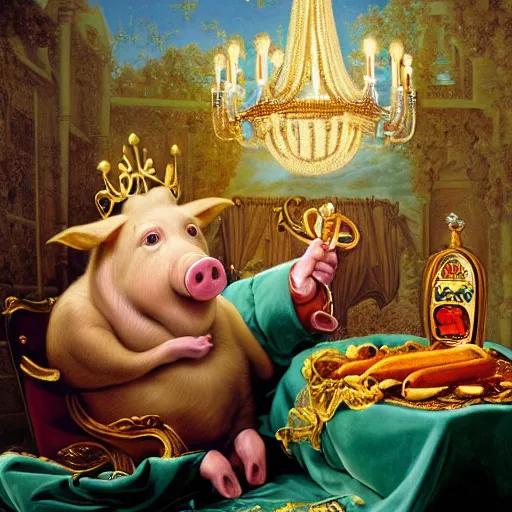 Prompt: pig wearing gold crown eating hot dog, Realistic, Regal, Refined, Detailed Digital Art, Michael Cheval, Walt Disney (1937), François Boucher, Oil Painting, Steampunk, Highly Detailed, Cinematic Lighting, Unreal Engine, 8k