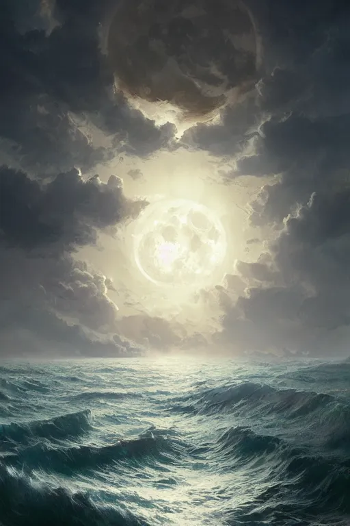 Image similar to full moon, stormy ocean, digital art, magic the gathering, mtg, by greg rutkowski, trending on artstation